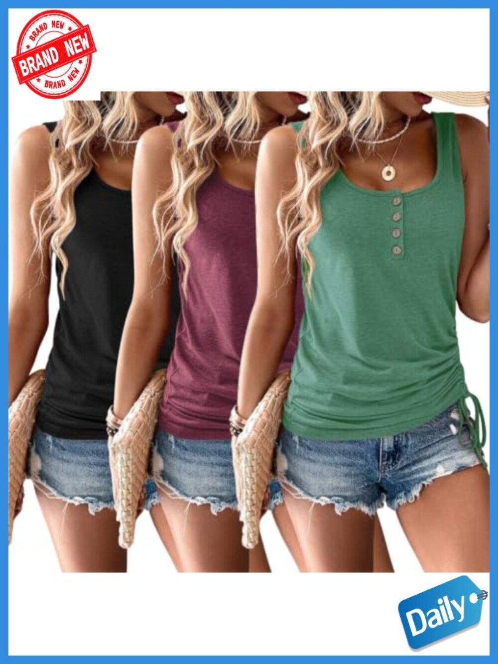 Women's Tank Tops 3 Pack Sleeveless U-Neck Cotton Blend Loose Fit